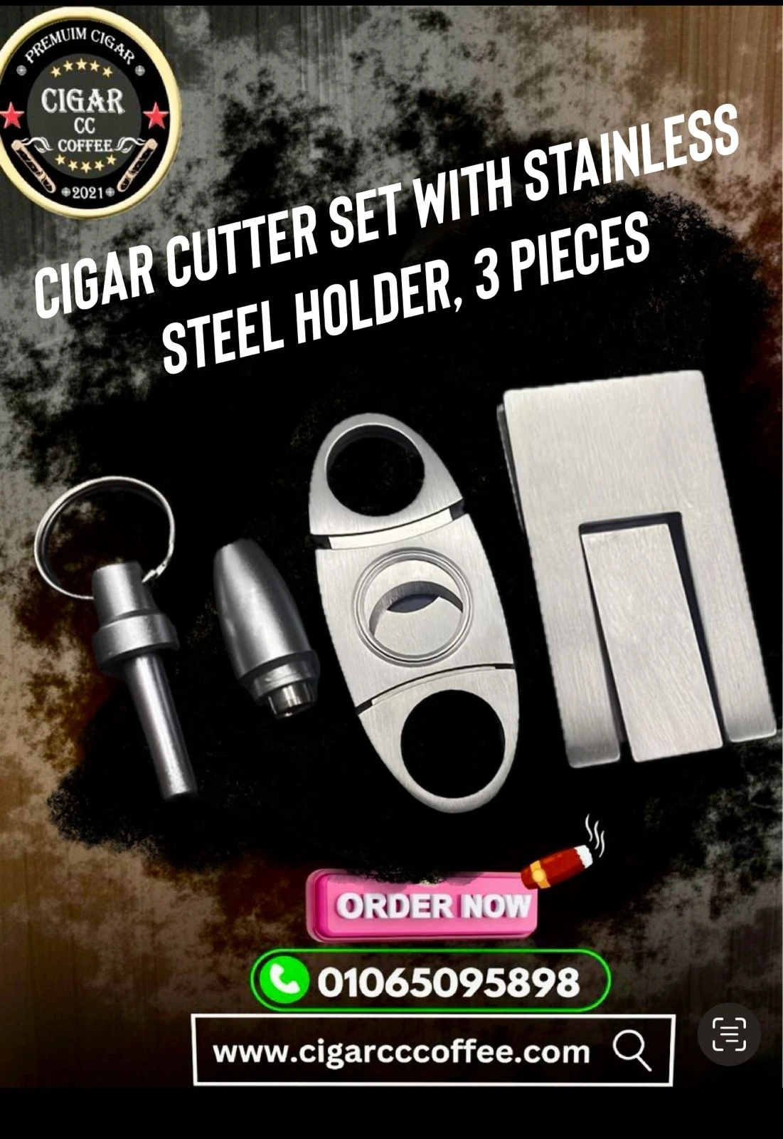 3-piece stainless steel cigar cutter  & holder