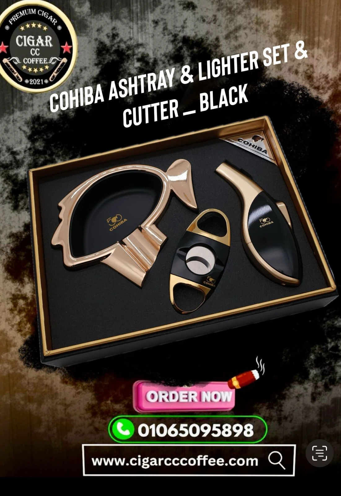 Cohiba Ashtray & Lighter Set & Cutter _ Black