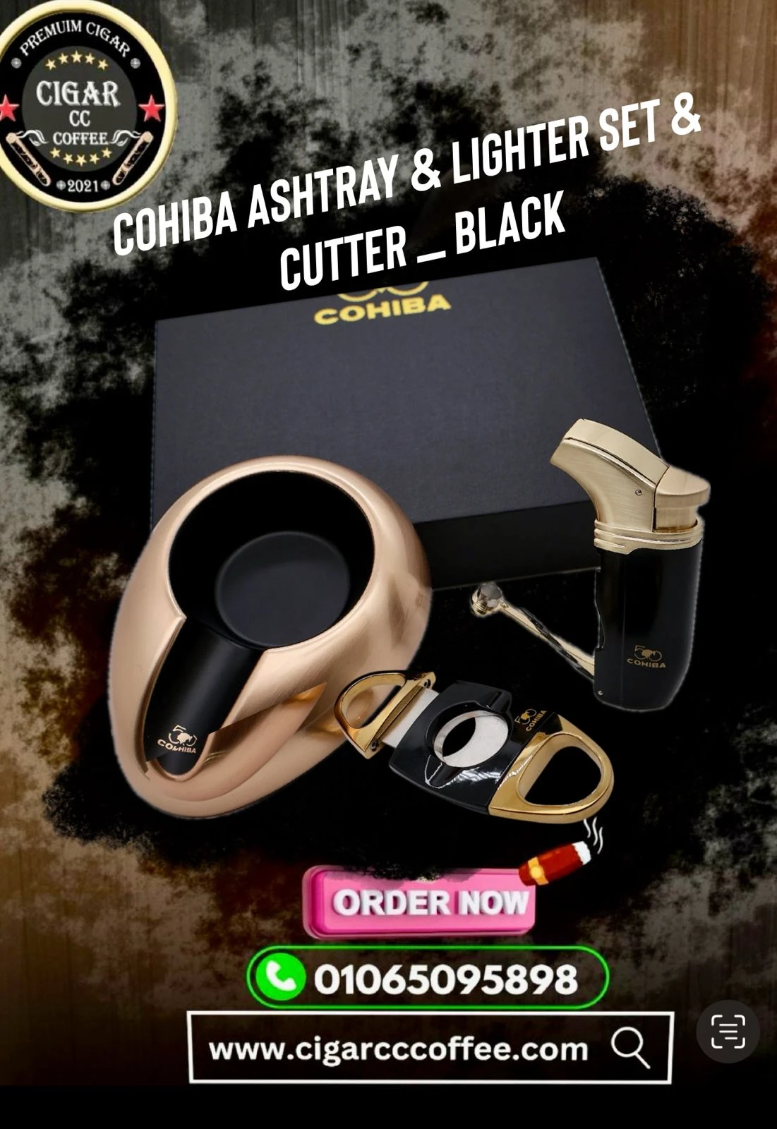 Cohiba Ashtray & Lighter Set & Cutter _ Black