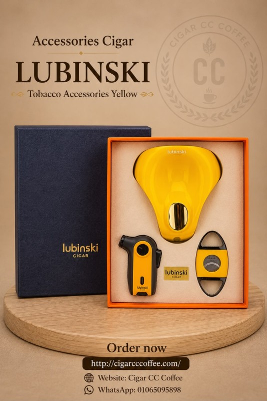 LUBINSKI Cigar Accessories Yellow ( Lighter & Cutter & Ashtray ) Gift