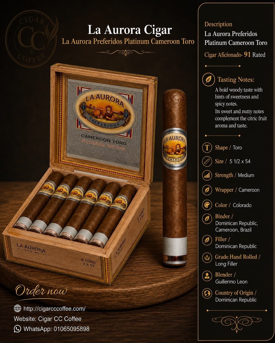 La Aurora Preferidos Platinum Cameroon Toro 5 1/2 x 54