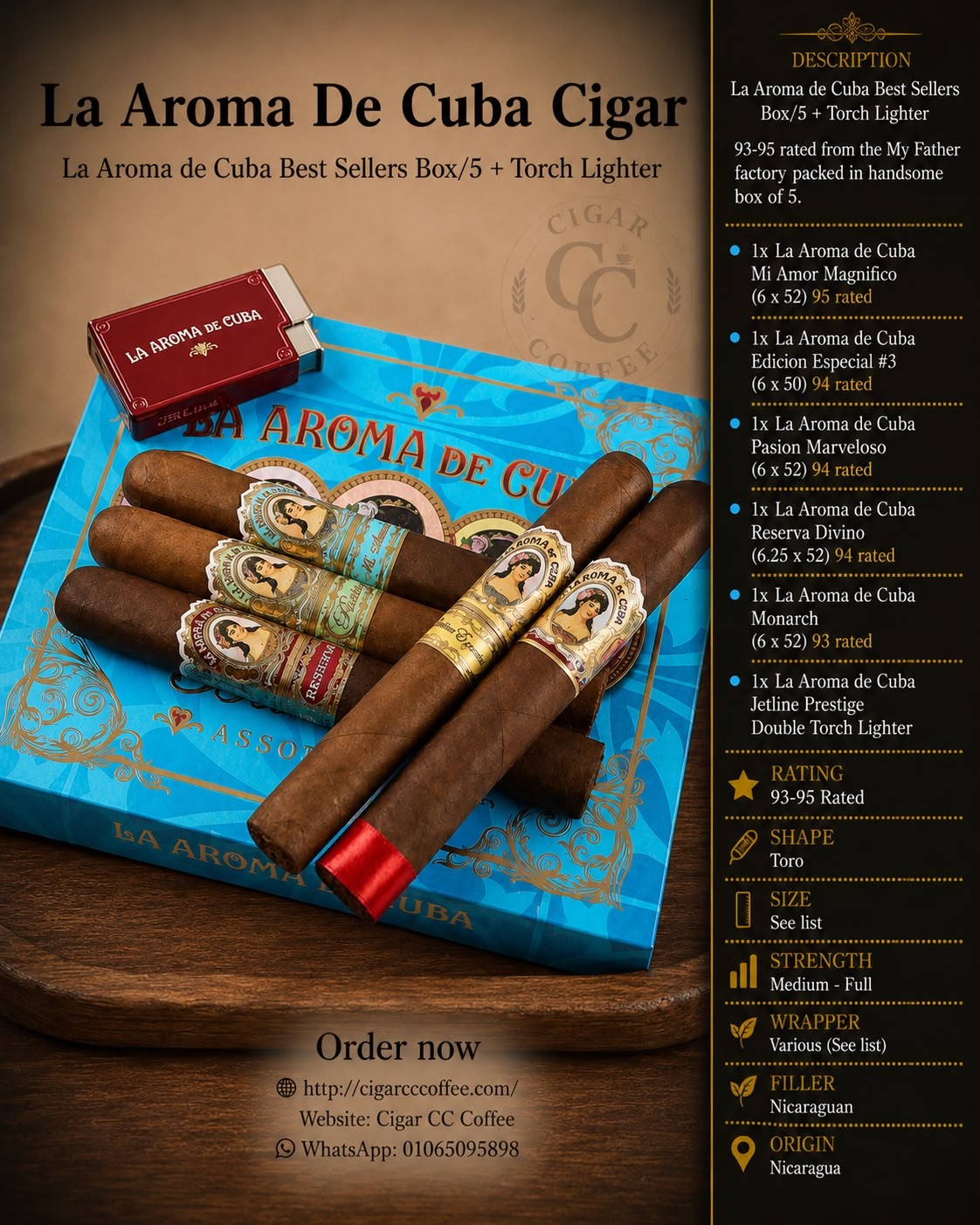 La Aroma de Cuba Best Sellers Box/5 + Torch Lighter