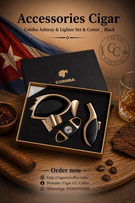 Cohiba Ashtray & Lighter Set & Cutter _ Black